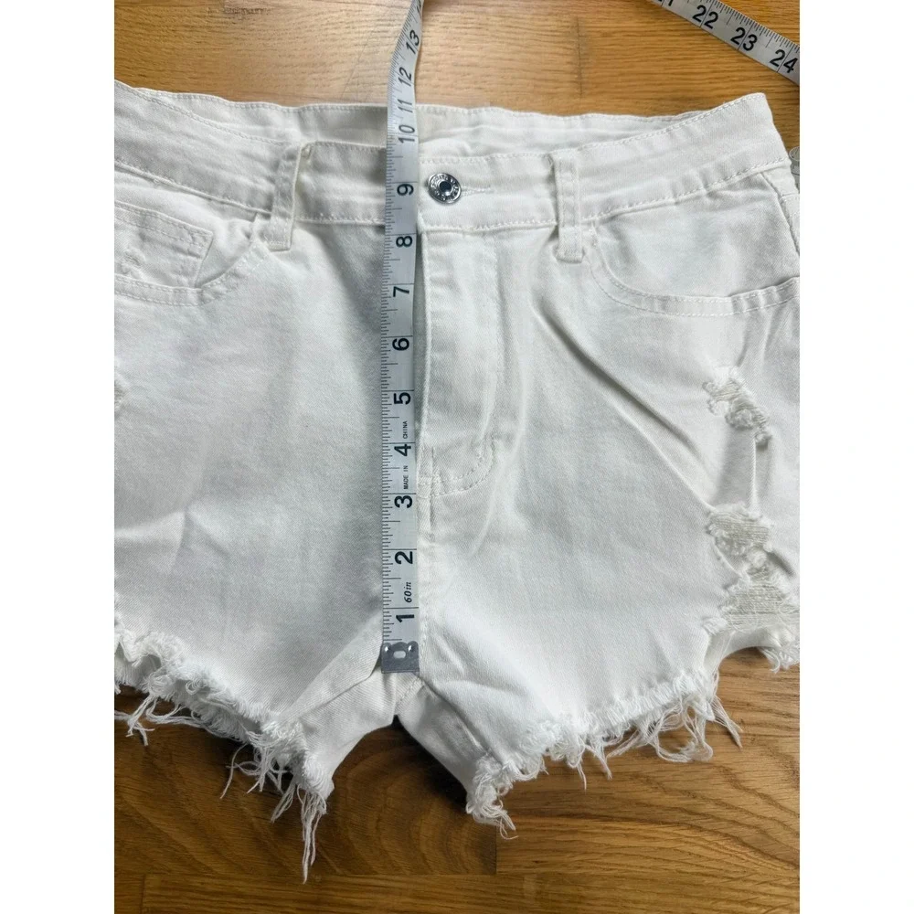 White Distressed Denim Shorts High Waisted Frayed Raw Hem Size L 28 Waist